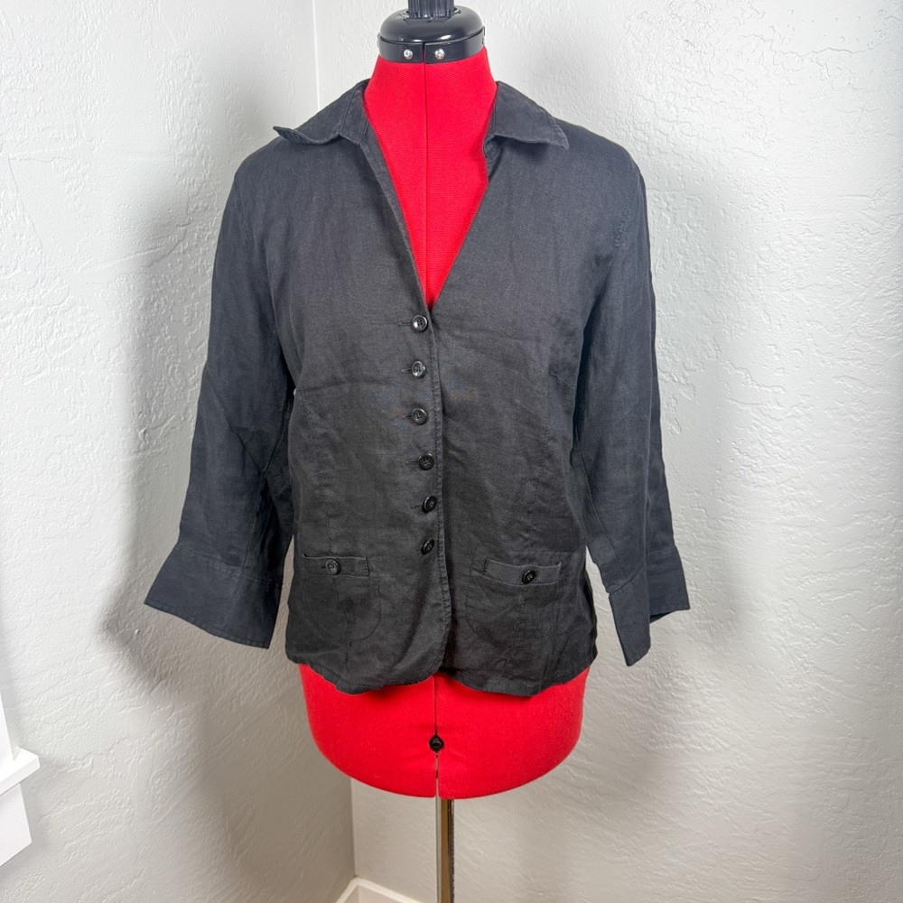 Talbots Petites Black Irish Linen Button Front Jacket Size 14P